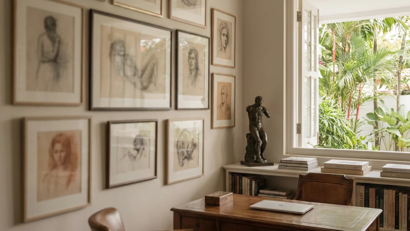 Elegant Singapore art collector’s study with framed original pencil, charcoal, and pastel drawings displayed on the wall.