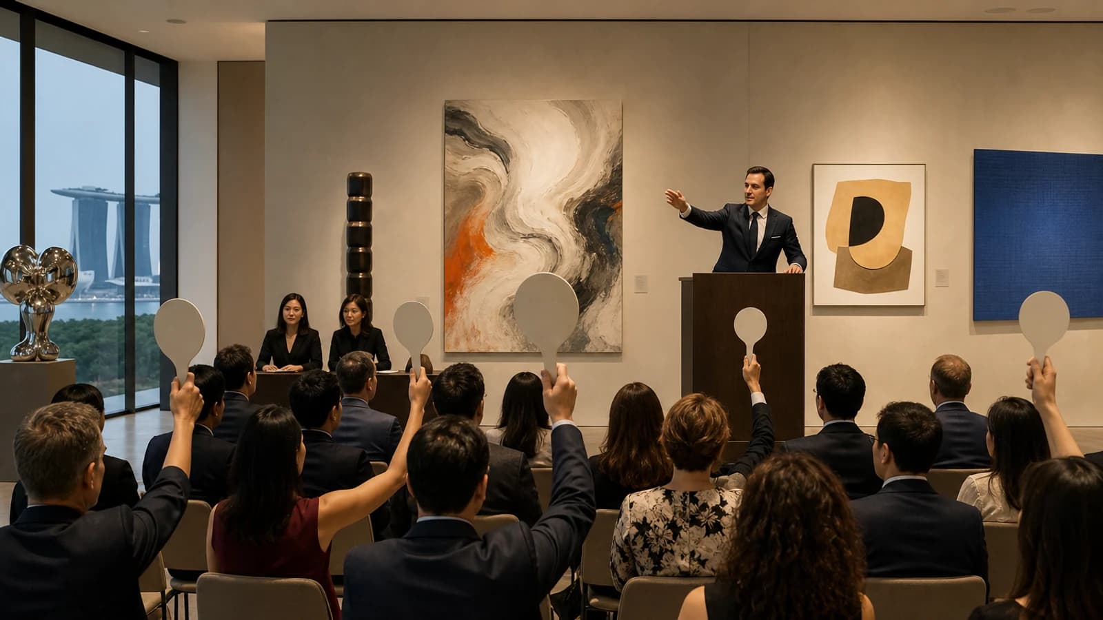 A modern art auction in Singapore with bidders and contemporary artworks.